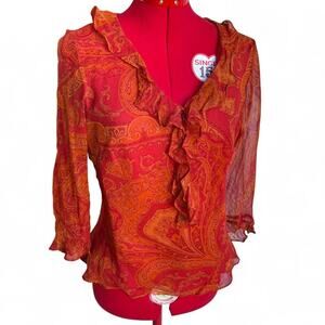 Silk Orange & Red Paisley Long Sleeves Ruffle Top Y2K
